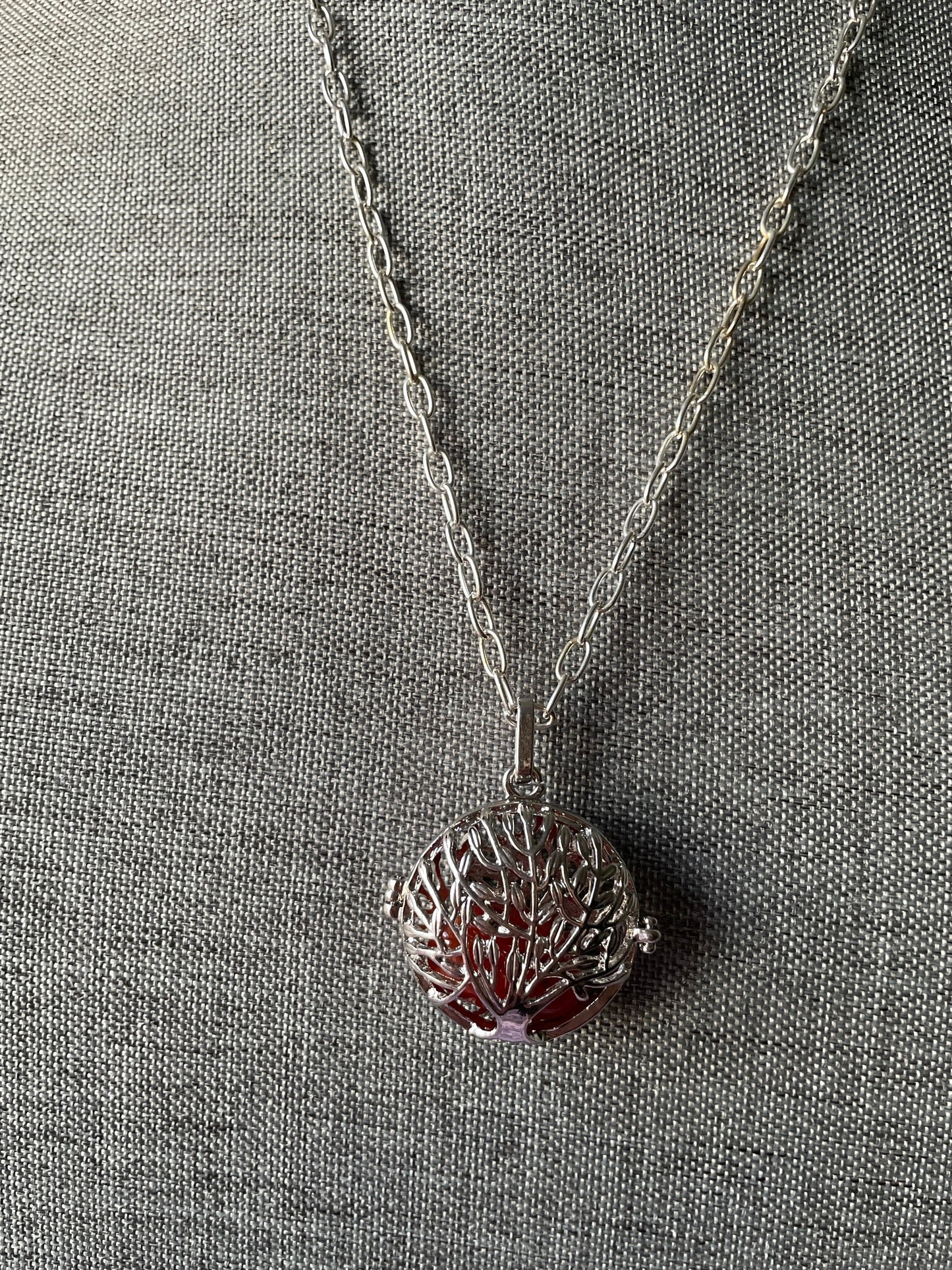 Silver round Tree of Life locket with 7 interchangeable crystals on 16+ inch silver plated chain