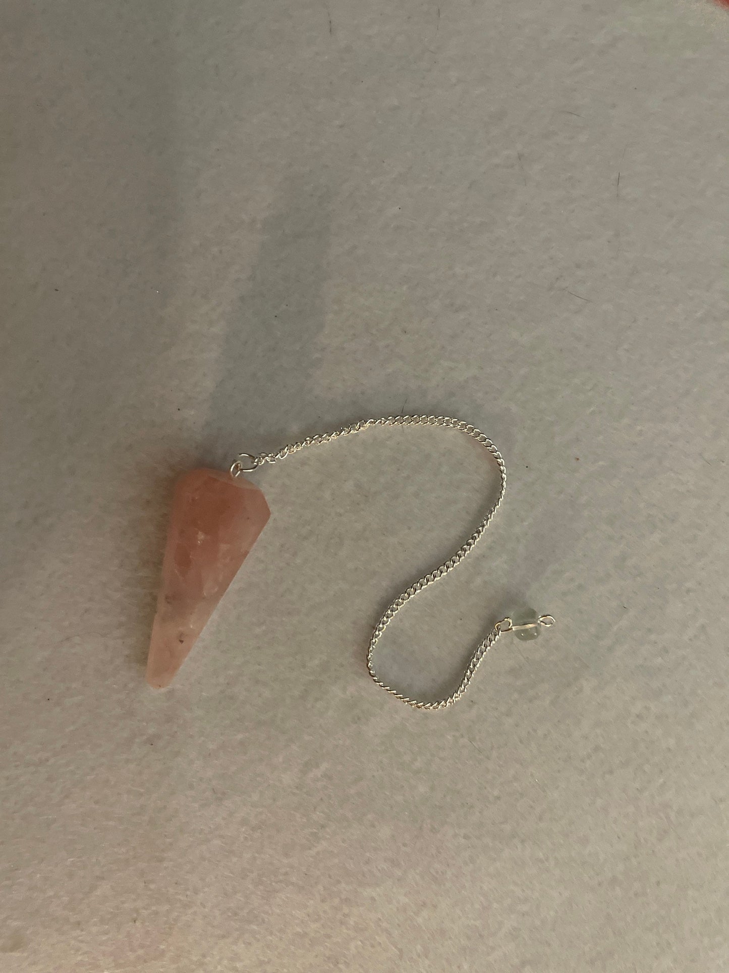 This beautiful Rose Quartz Pendulum is 1.85” and with chain is 8.25”