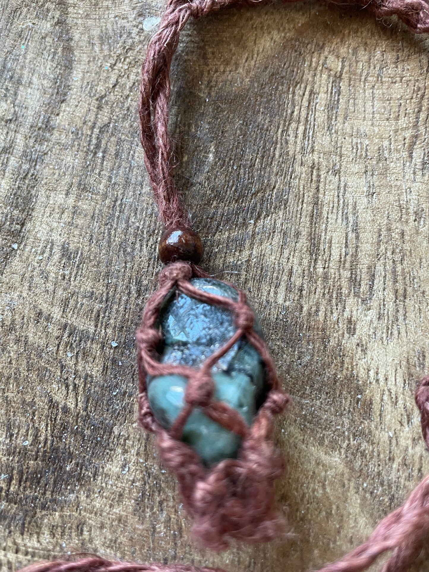 Uniquely created Hemp Macramé necklace with emerald crystal three colors to choose from