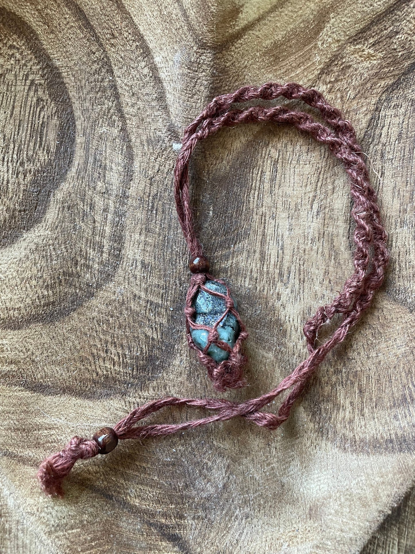 Uniquely created Hemp Macramé necklace with emerald crystal three colors to choose from