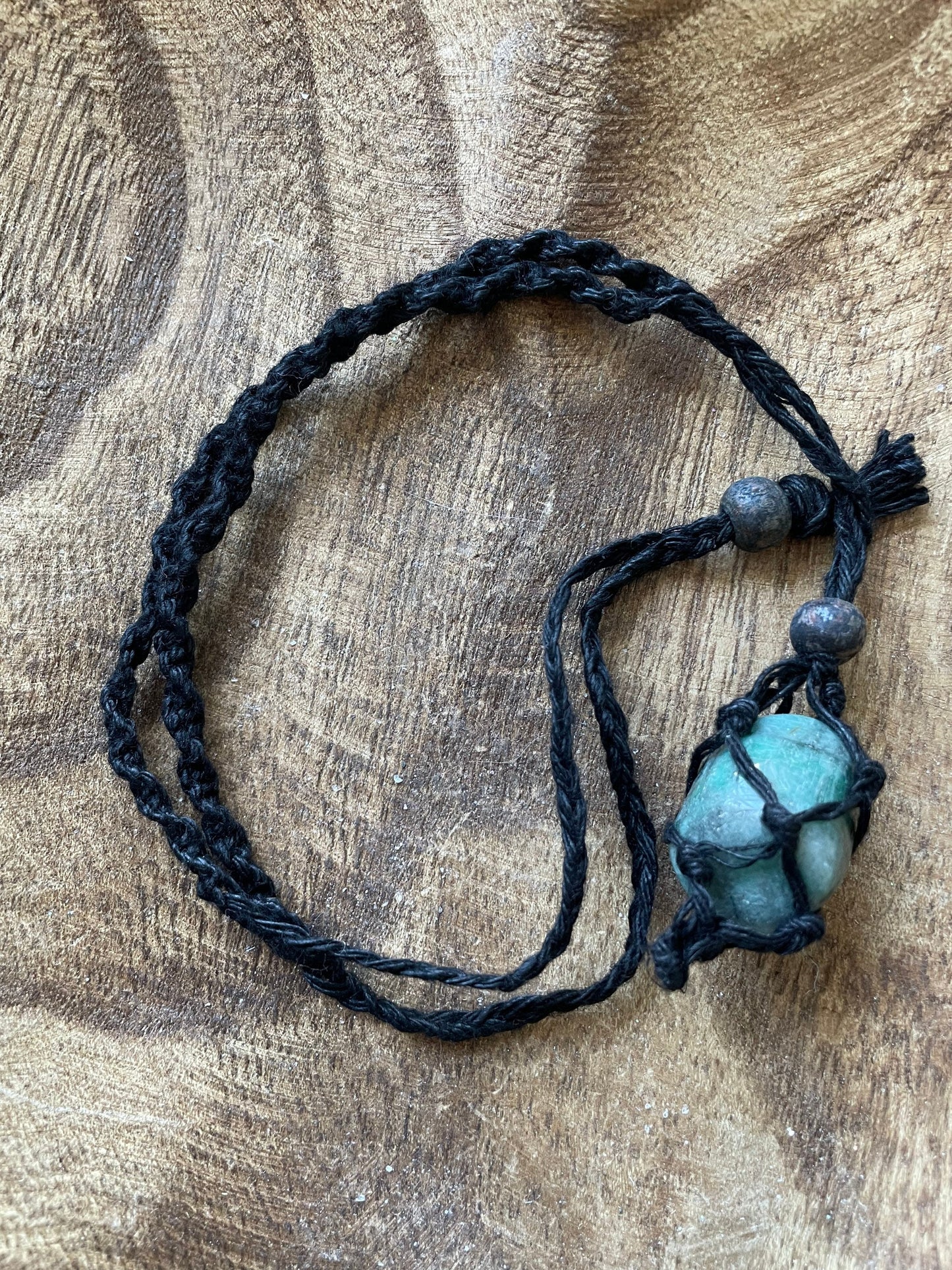 Uniquely created Hemp Macramé necklace with emerald crystal three colors to choose from