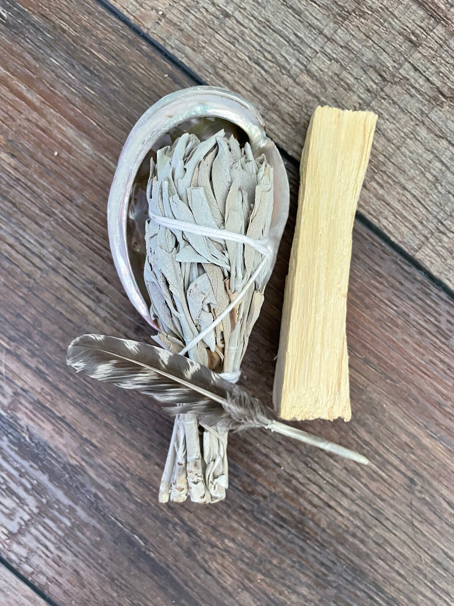 Beginners Four piece smudging set Includes abalone shell feather Palo Santo sage