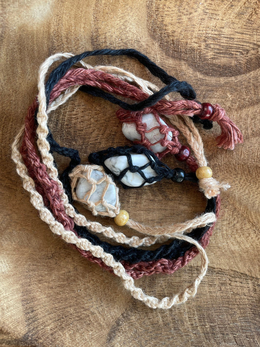 Uniquely crafted Hemp Macramé necklace with Howlite crystal three colors to choose from