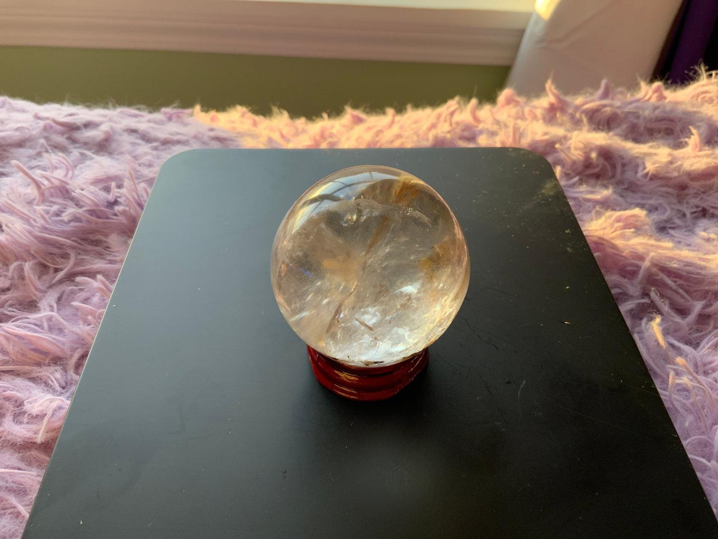 Beautiful 6.2 oz crystal clear quartz sphere crystal ball with wooden stand