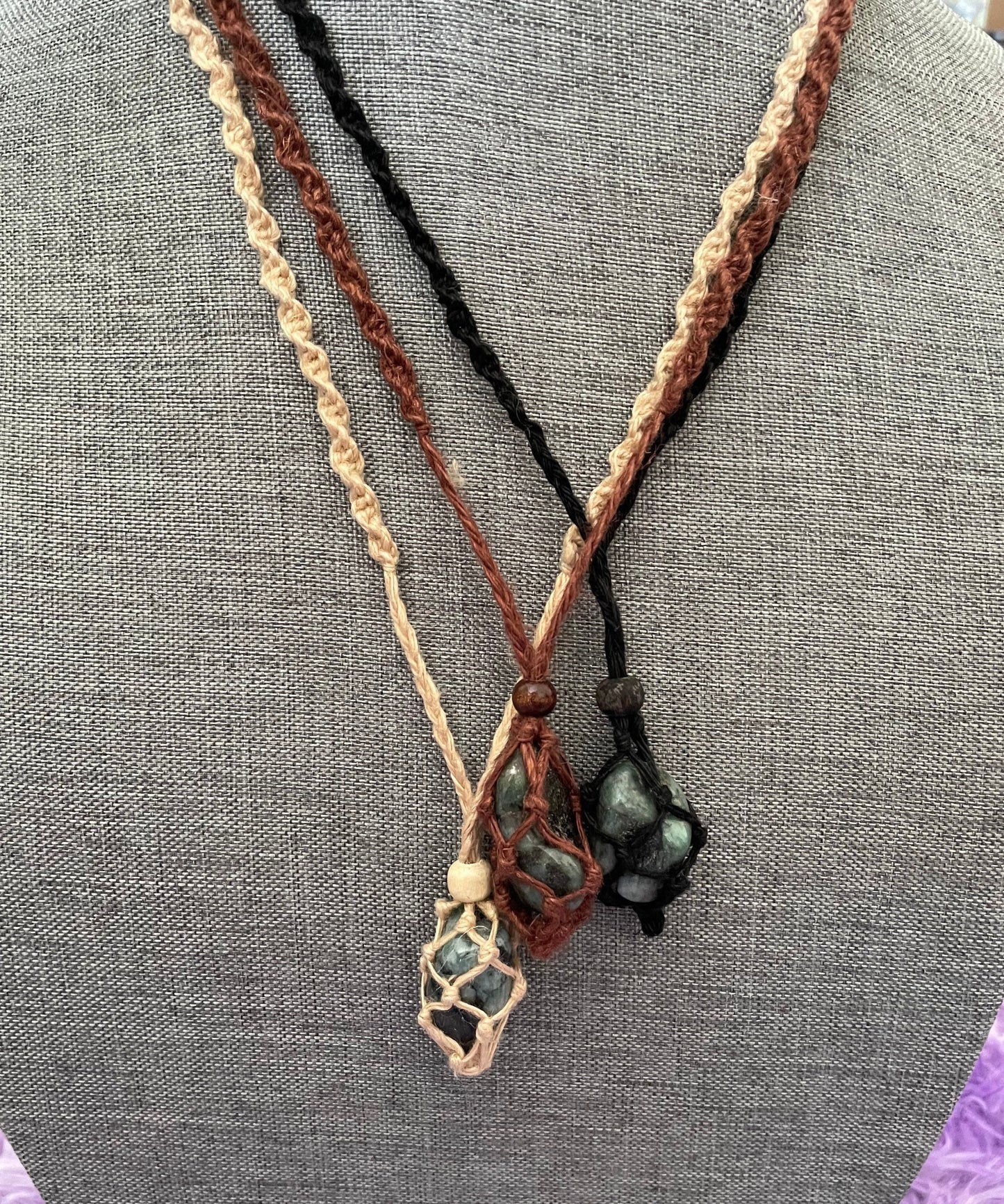 Uniquely created Hemp Macramé necklace with emerald crystal three colors to choose from