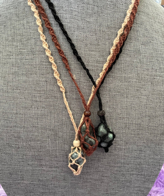 Uniquely created Hemp Macramé necklace with emerald crystal three colors to choose from