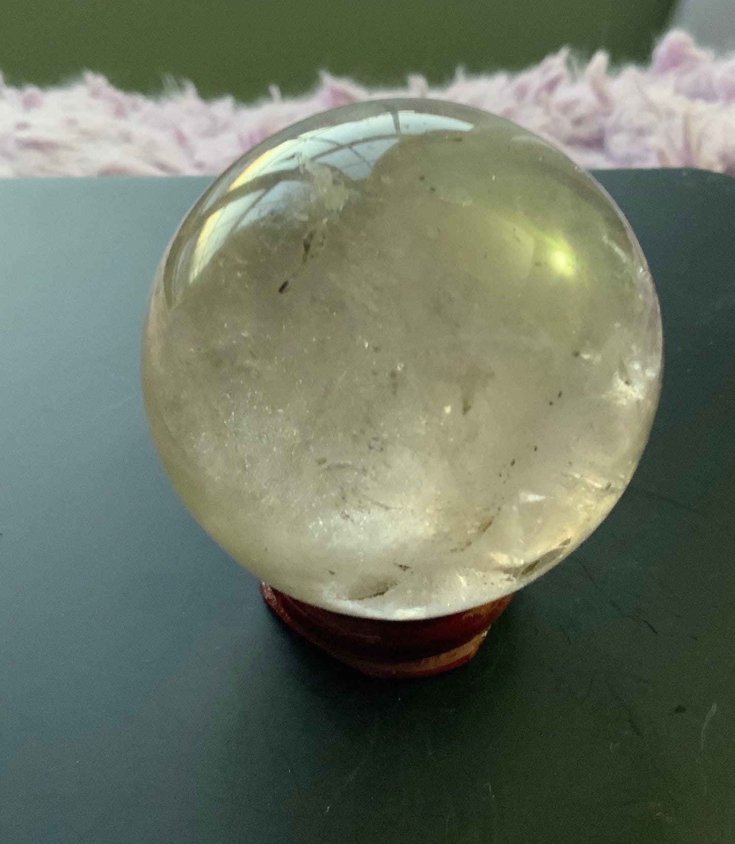 Beautiful 9.7 oz crystal clear quartz sphere crystal ball with wooden stand Smokey quartz