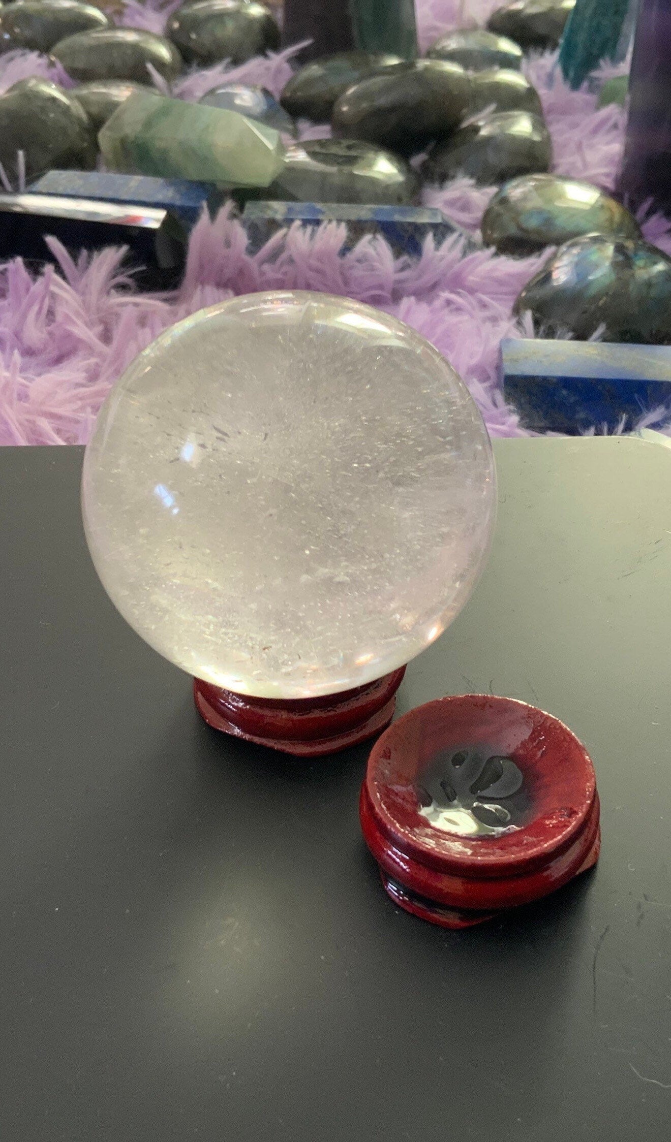 Beautiful 10.3 oz crystal clear quartz sphere crystal ball with wooden stand