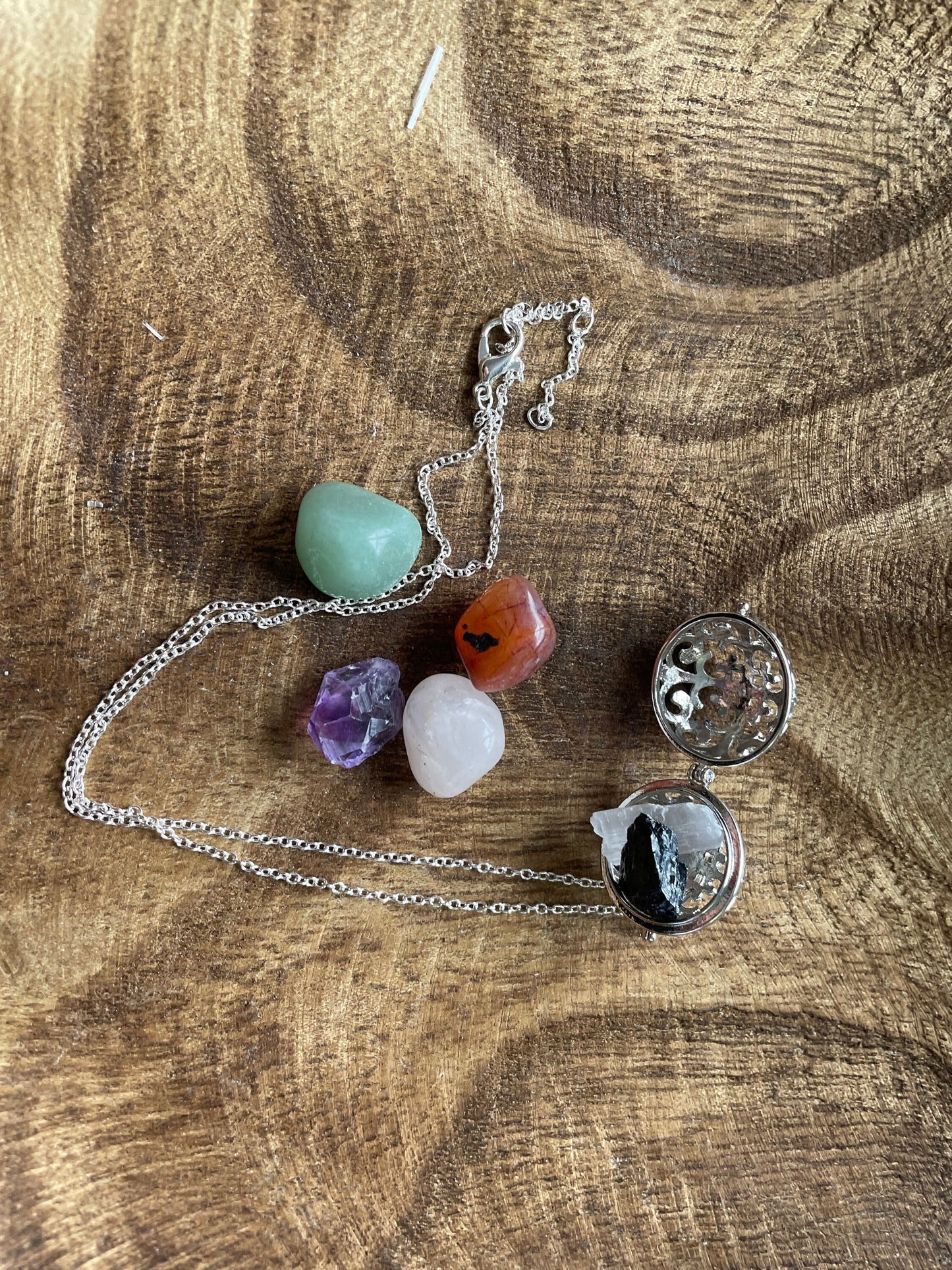 Antique Silver round locket with 6 interchangeable crystals on 16” chain amethyst carnelian aventurine Rose Quartz tourmaline selenite