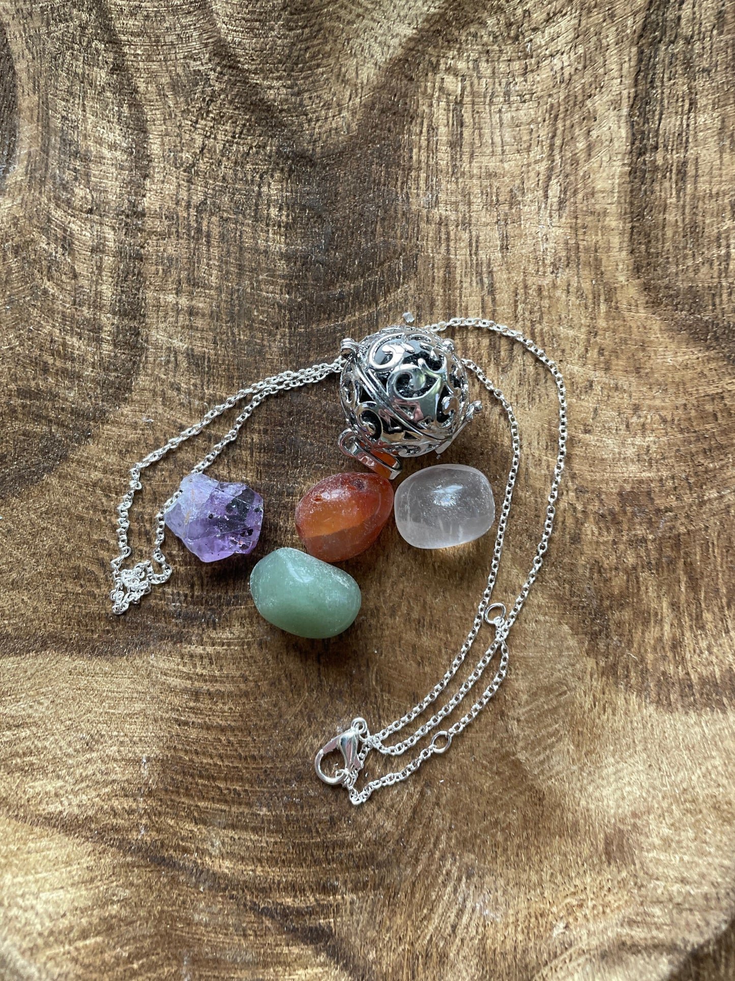 Antique Silver round locket with 6 interchangeable crystals on 16” chain amethyst carnelian aventurine Rose Quartz tourmaline selenite