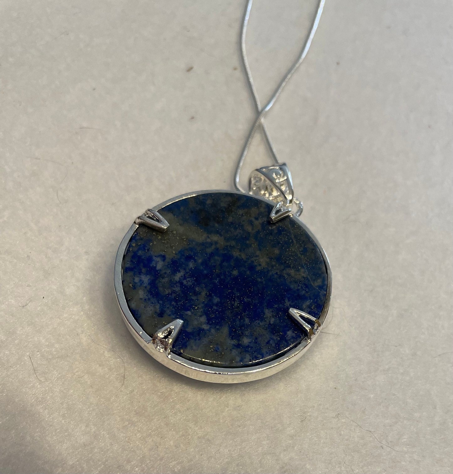 Silver round Flower of Life Lapis Lazuli crystal necklace on 16+ inch silver plated chain