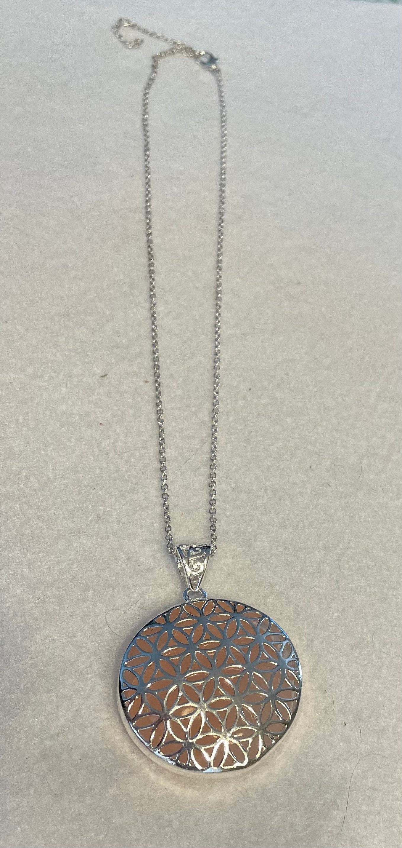 Silver round Flower of Life Rose Quartz crystal necklace on 16+ inch silver plated chain