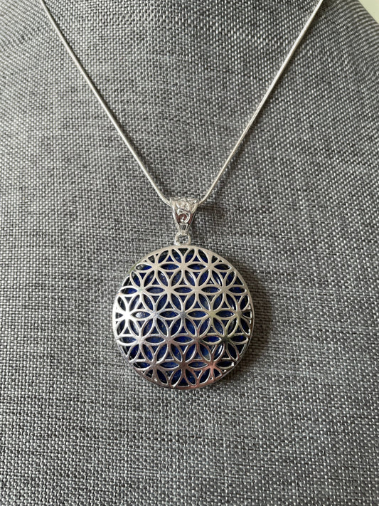 Silver round Flower of Life Lapis Lazuli crystal necklace on 16+ inch silver plated chain