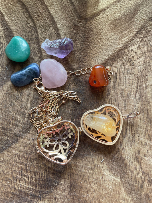 Gold locket with 7 interchangeable crystals on 16+”gold chain