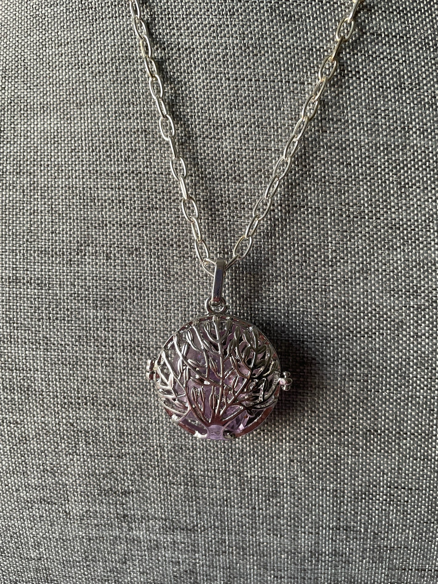 Silver round Tree of Life locket with 7 interchangeable crystals on 16+ inch silver plated chain