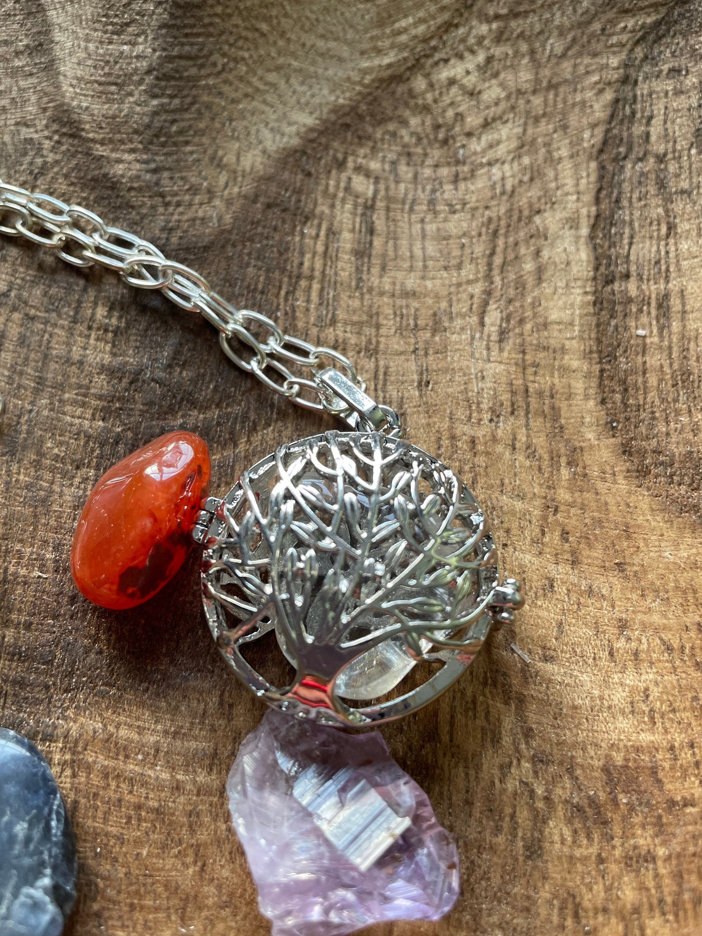 Silver round Tree of Life locket with 7 interchangeable crystals on 16+ inch silver plated chain