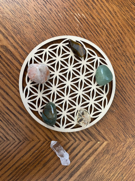 7 piece Prosperity Empowerment crystal set with Flower of Life