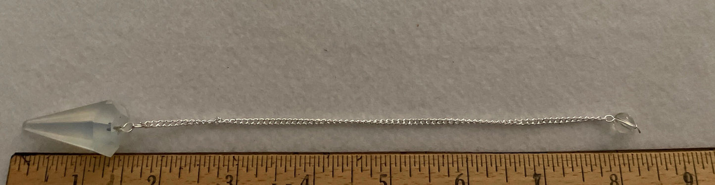 This beautiful  Opalite pendulum is approximately 1.5” and with chain is 8.25”