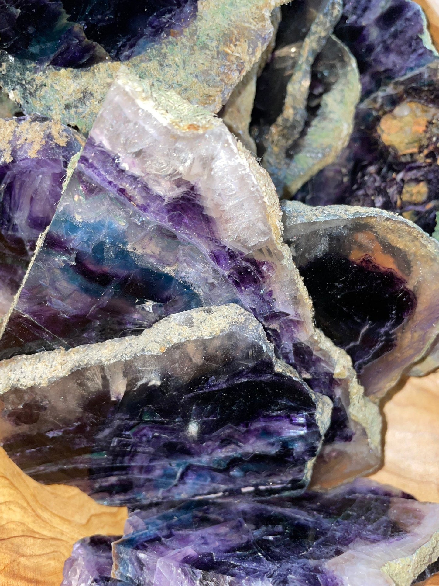 Rainbow fluorite slabs beautiful green and purple