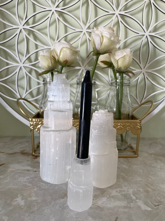Selenite towers 2 sizes selenite PLUS CANDLEHOLDER
