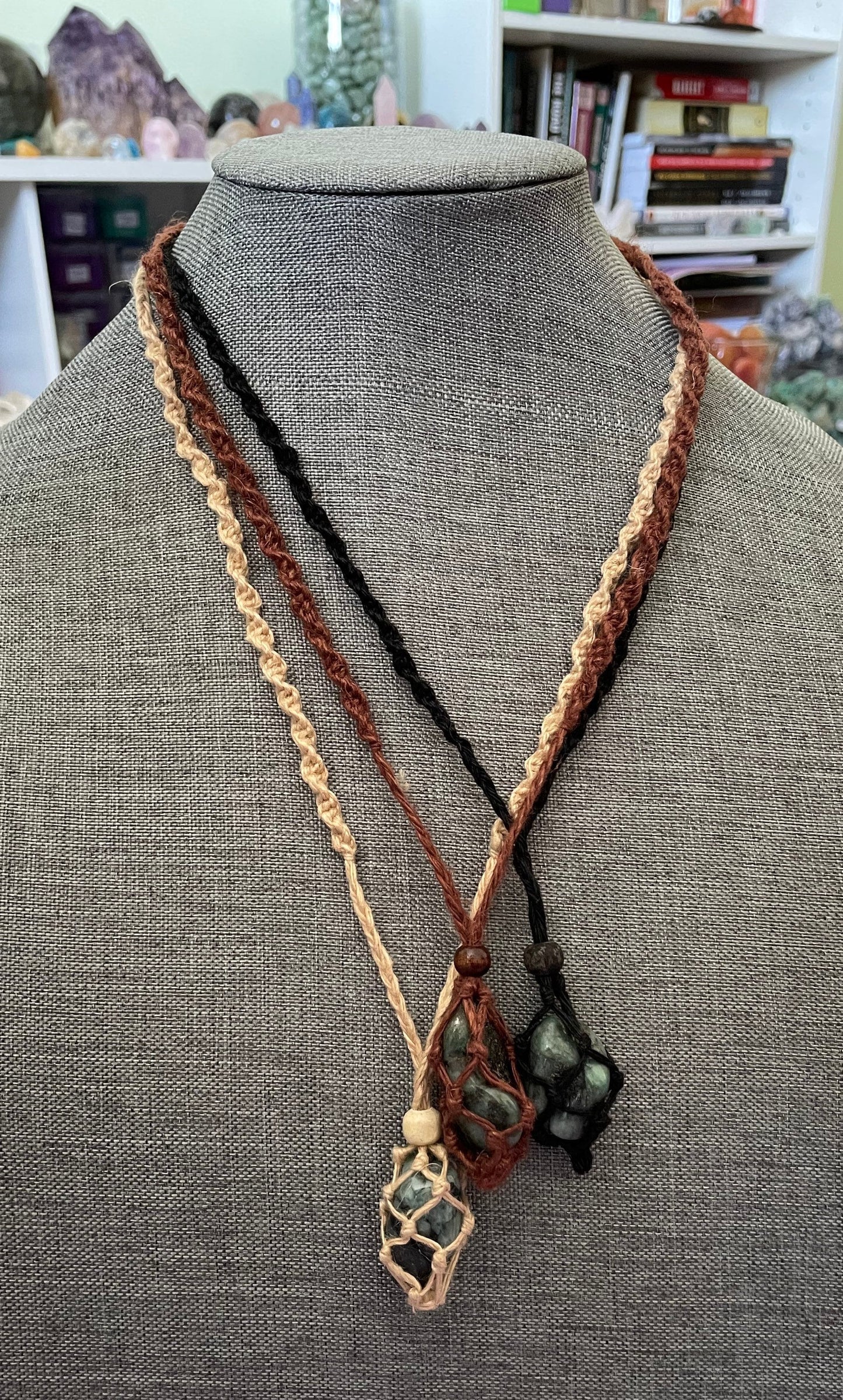 Uniquely created Hemp Macramé necklace with emerald crystal three colors to choose from