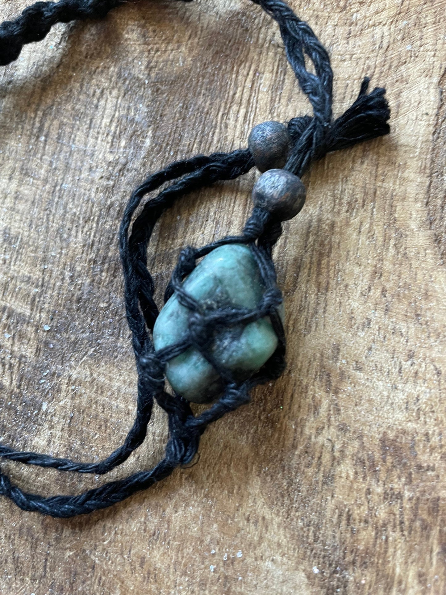 Uniquely created Hemp Macramé necklace with emerald crystal three colors to choose from