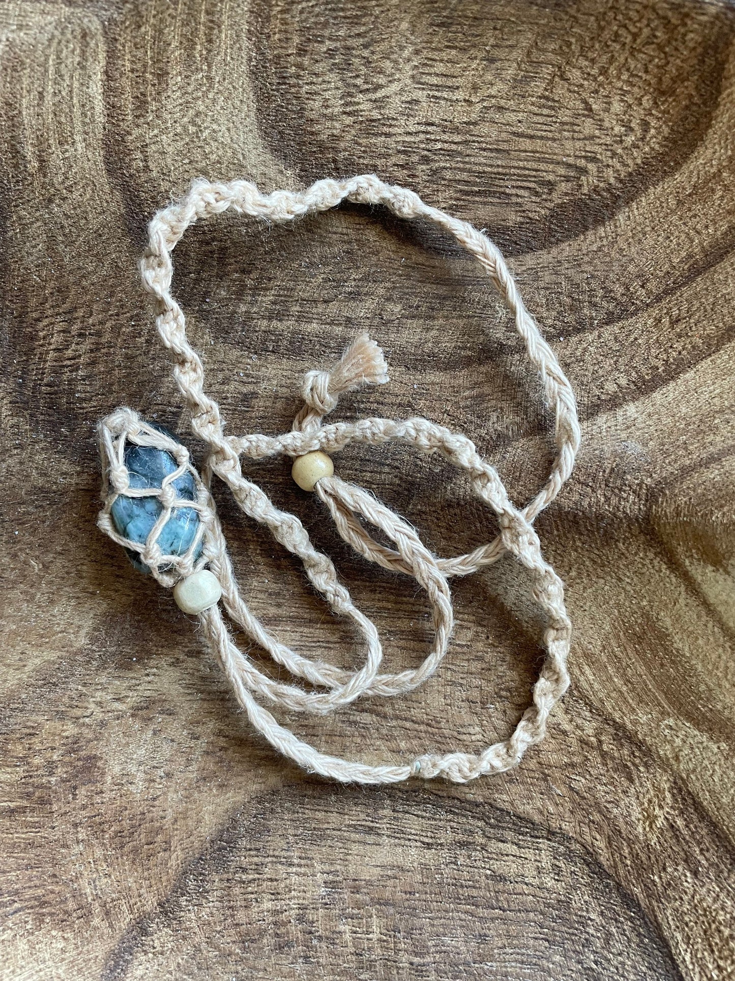 Uniquely created Hemp Macramé necklace with emerald crystal three colors to choose from