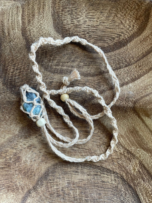Uniquely created Hemp Macramé necklace with emerald crystal three colors to choose from