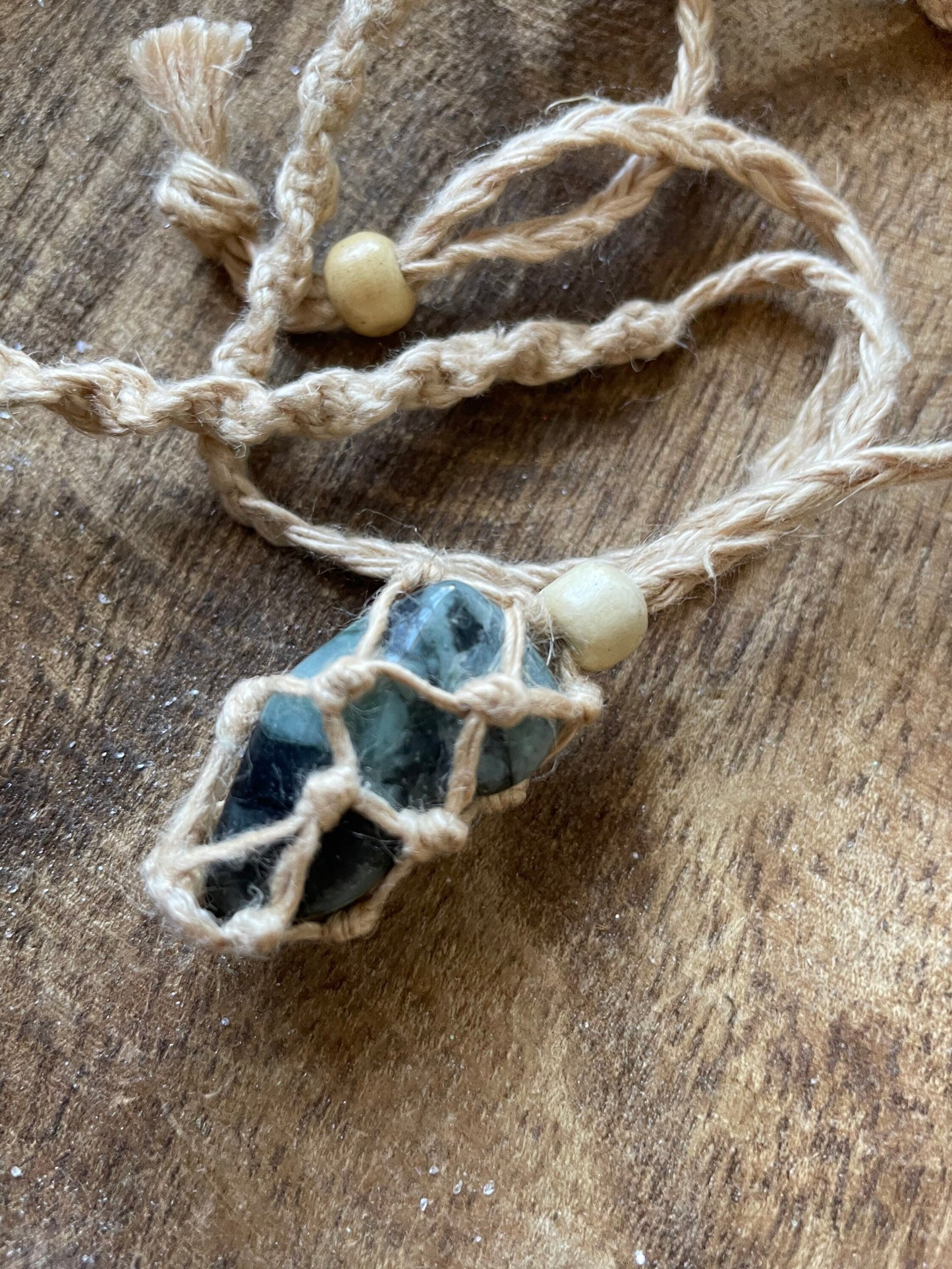 Uniquely created Hemp Macramé necklace with emerald crystal three colors to choose from