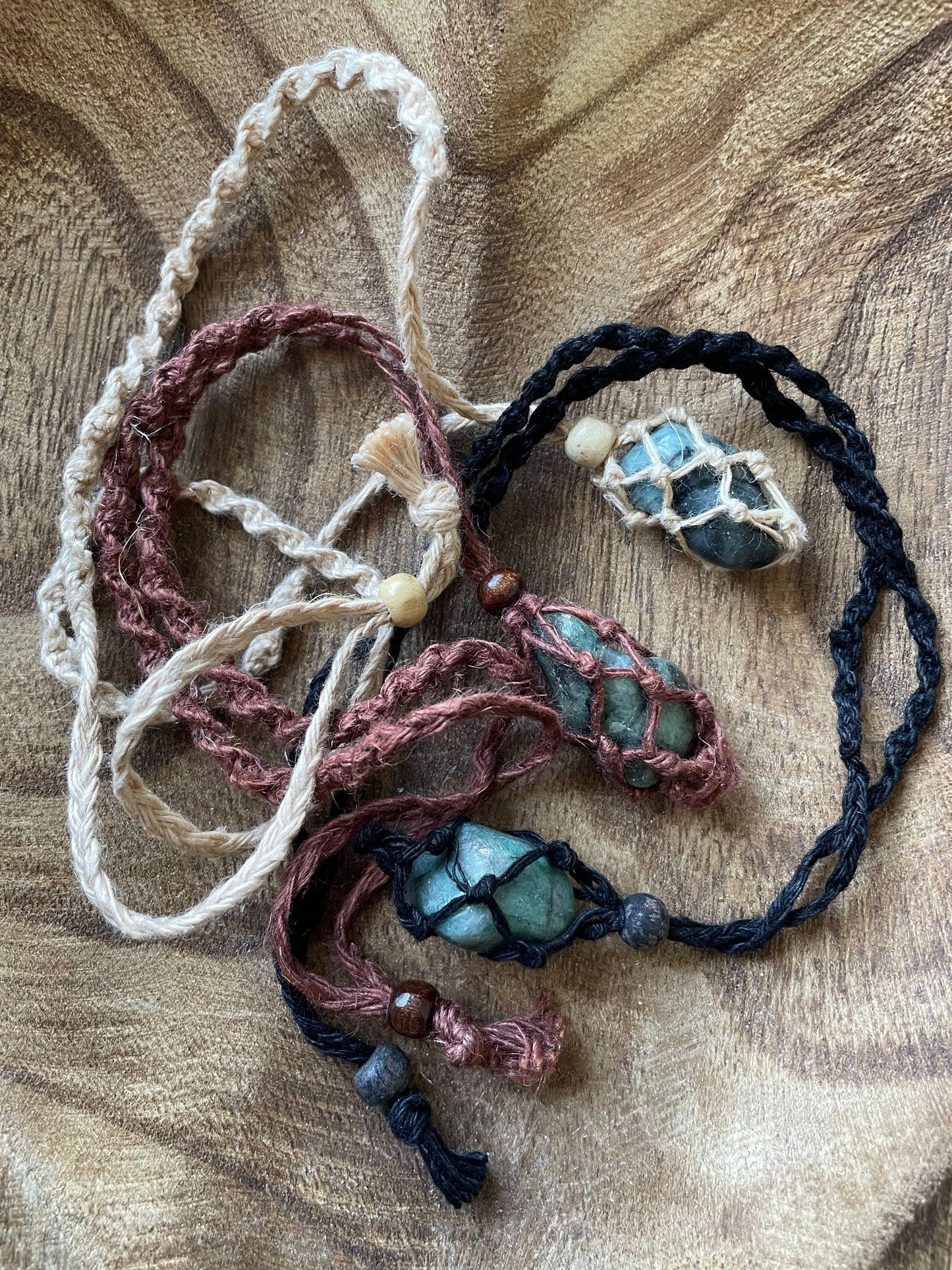 Uniquely created Hemp Macramé necklace with emerald crystal three colors to choose from