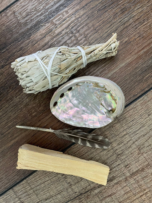 Beginners Four piece smudging set Includes abalone shell feather Palo Santo sage