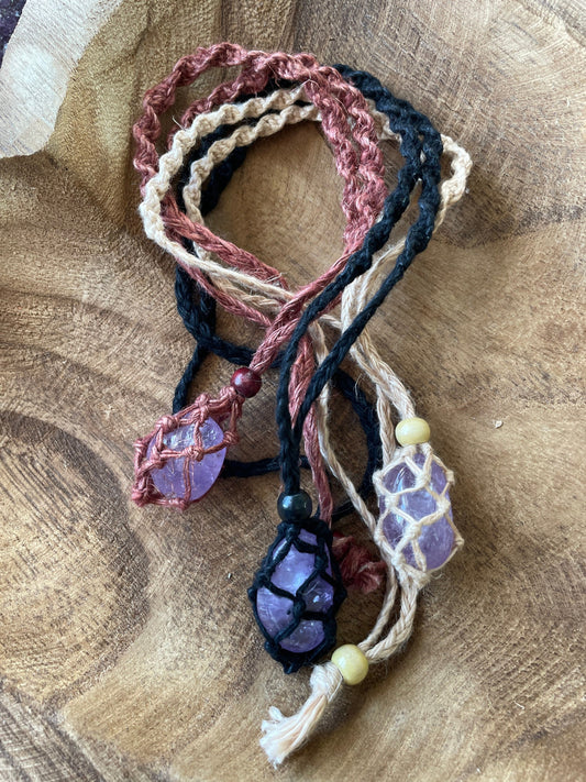 Uniquely crafted Hemp Macramé necklace with Amethyst crystal three colors to choose from