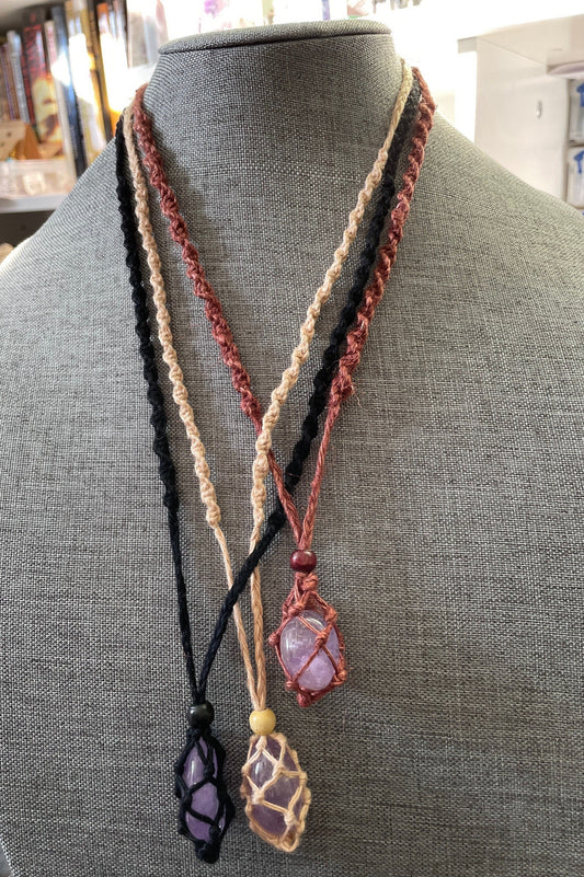Uniquely crafted Hemp Macramé necklace with Amethyst crystal three colors to choose from