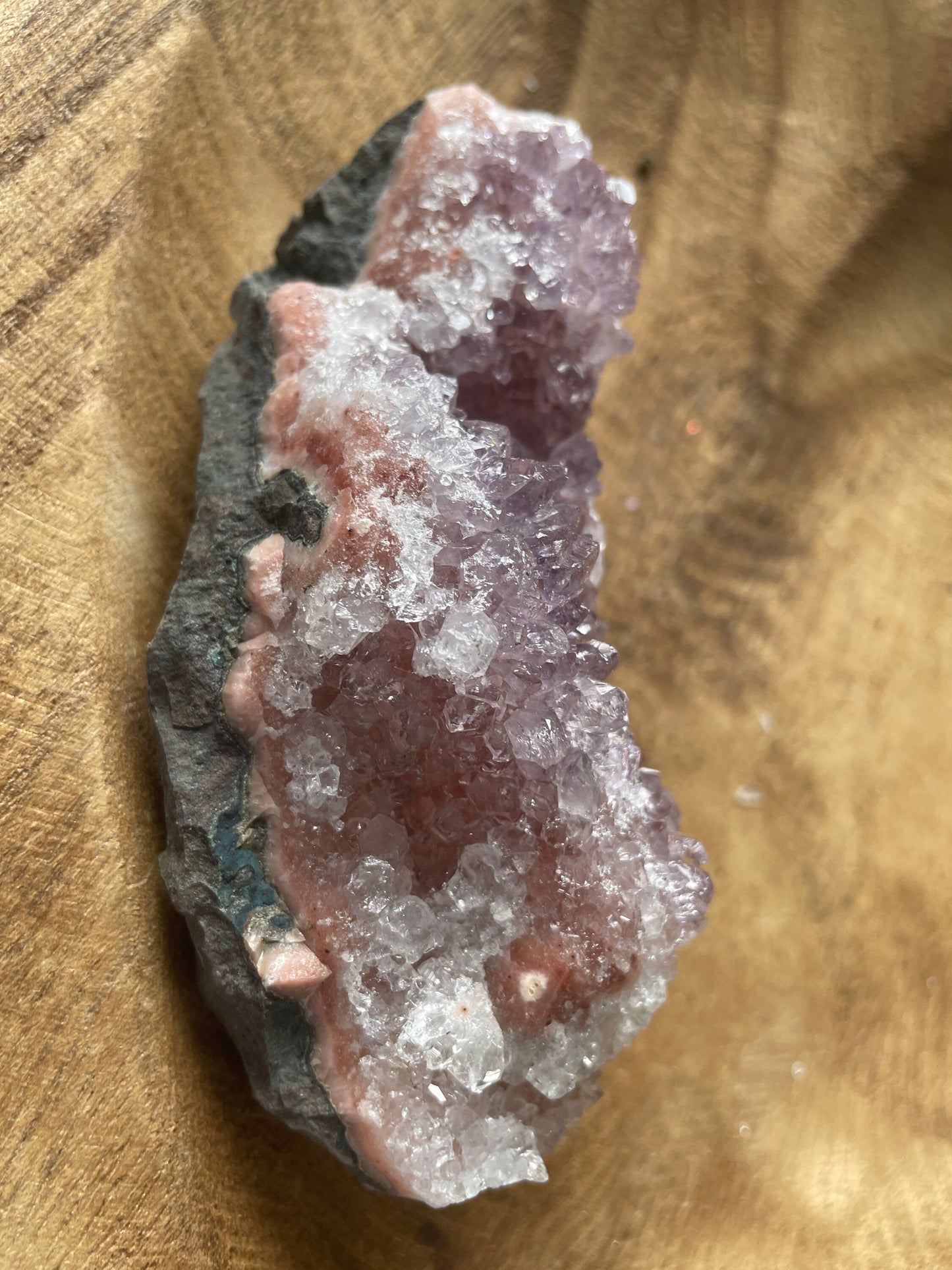 This uniquely colored Uruguay amethyst cluster is an Awesome mix of clear quartz, pink amethyst and amethyst