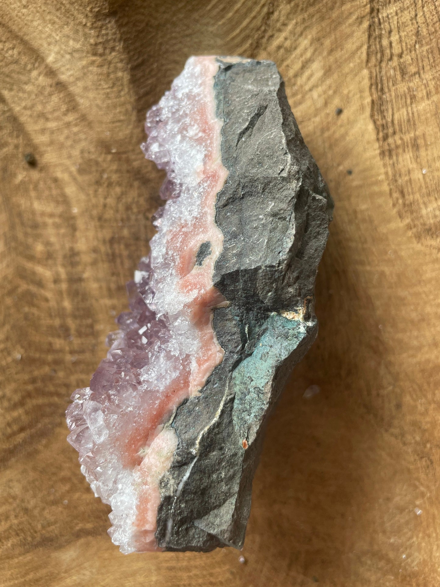 This uniquely colored Uruguay amethyst cluster is an Awesome mix of clear quartz, pink amethyst and amethyst