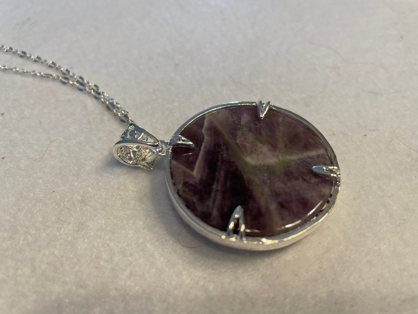 Silver round Flower of Life deep purple Amethyst crystal necklace on 16+ inch silver plated chain