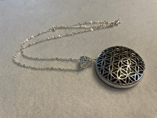 Silver round Flower of Life deep purple Amethyst crystal necklace on 16+ inch silver plated chain