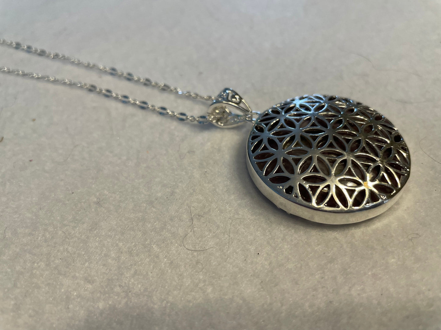 Silver round Flower of Life deep purple Amethyst crystal necklace on 16+ inch silver plated chain