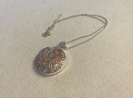 Silver round Flower of Life Rose Quartz crystal necklace on 16+ inch silver plated chain