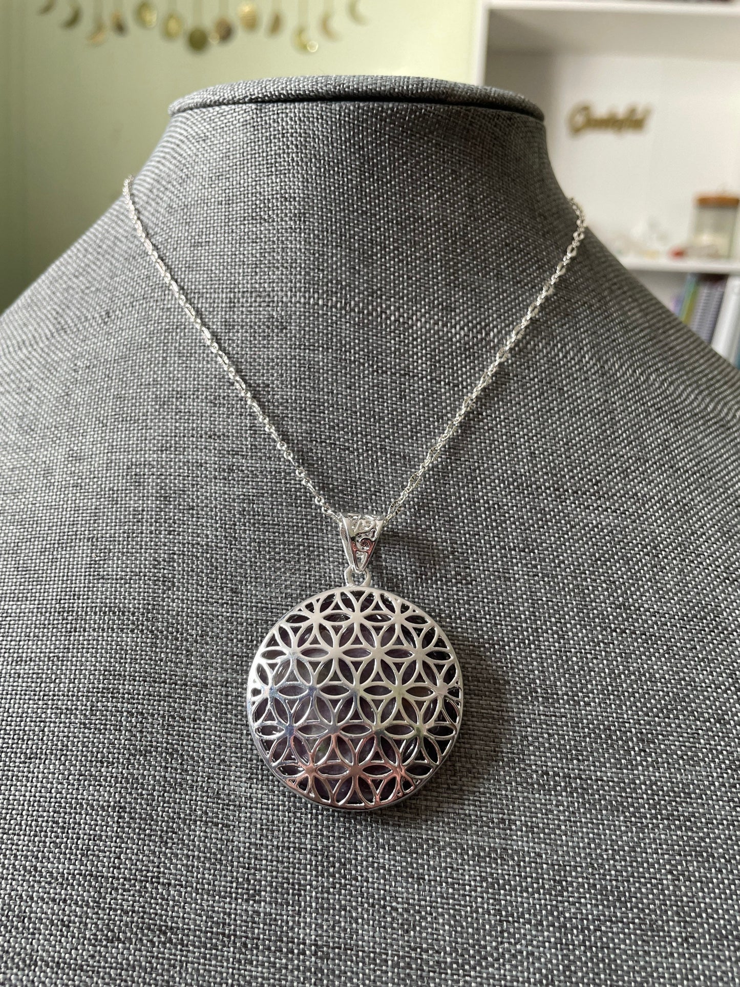 Silver round Flower of Life deep purple Amethyst crystal necklace on 16+ inch silver plated chain