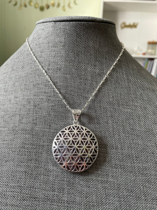 Silver round Flower of Life deep purple Amethyst crystal necklace on 16+ inch silver plated chain