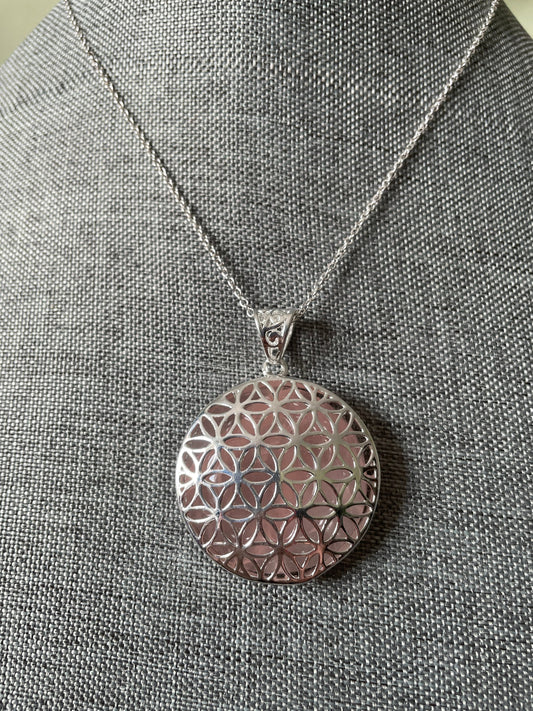 Silver round Flower of Life Rose Quartz crystal necklace on 16+ inch silver plated chain