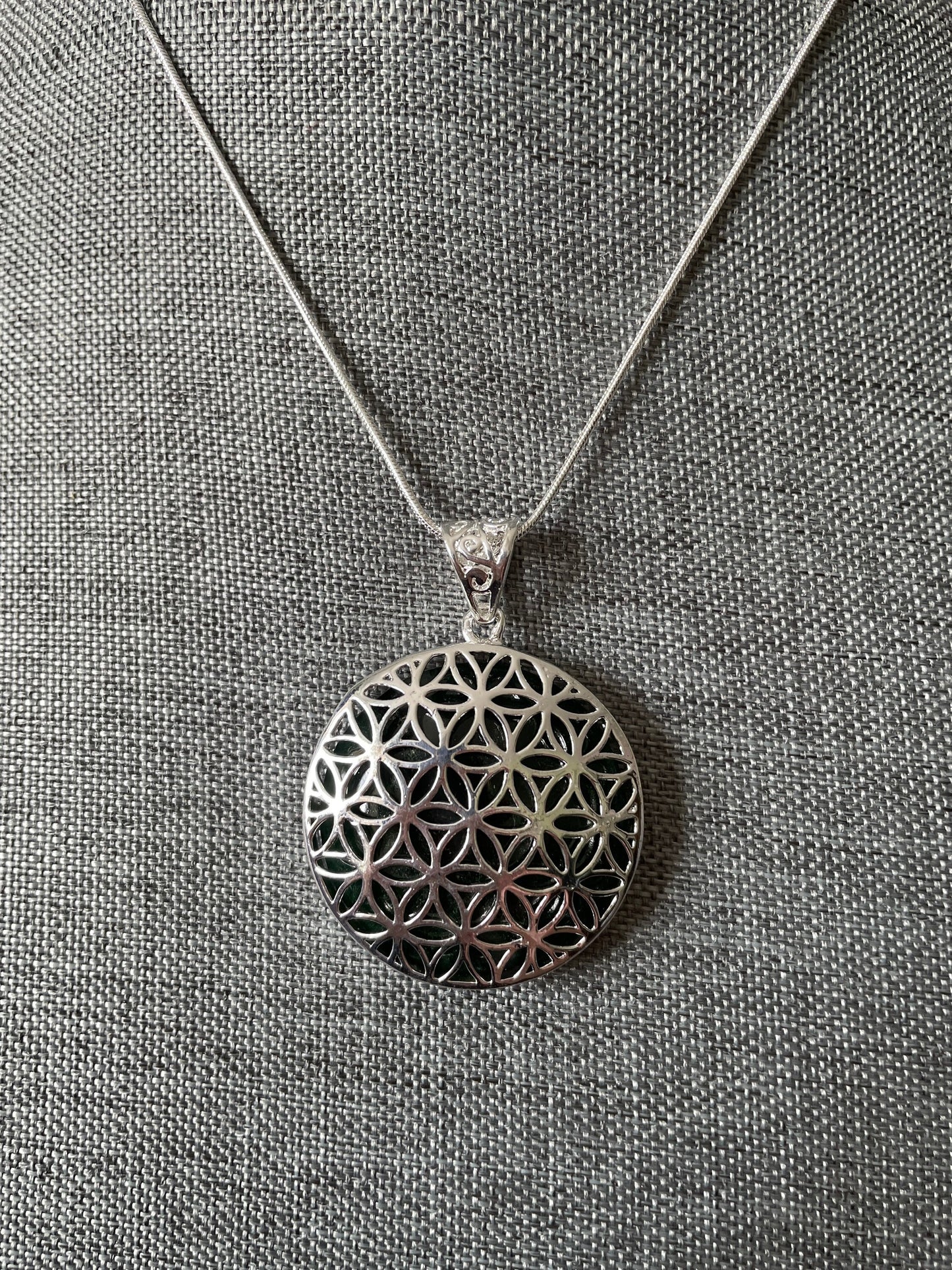 Beautiful Silver round Flower of Life Aventurine crystal necklace on 16+ inch silver plated chain