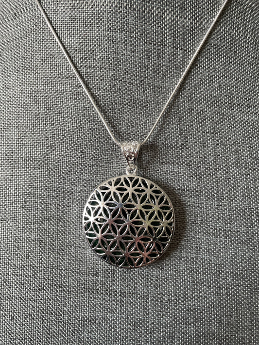 Beautiful Silver round Flower of Life Aventurine crystal necklace on 16+ inch silver plated chain