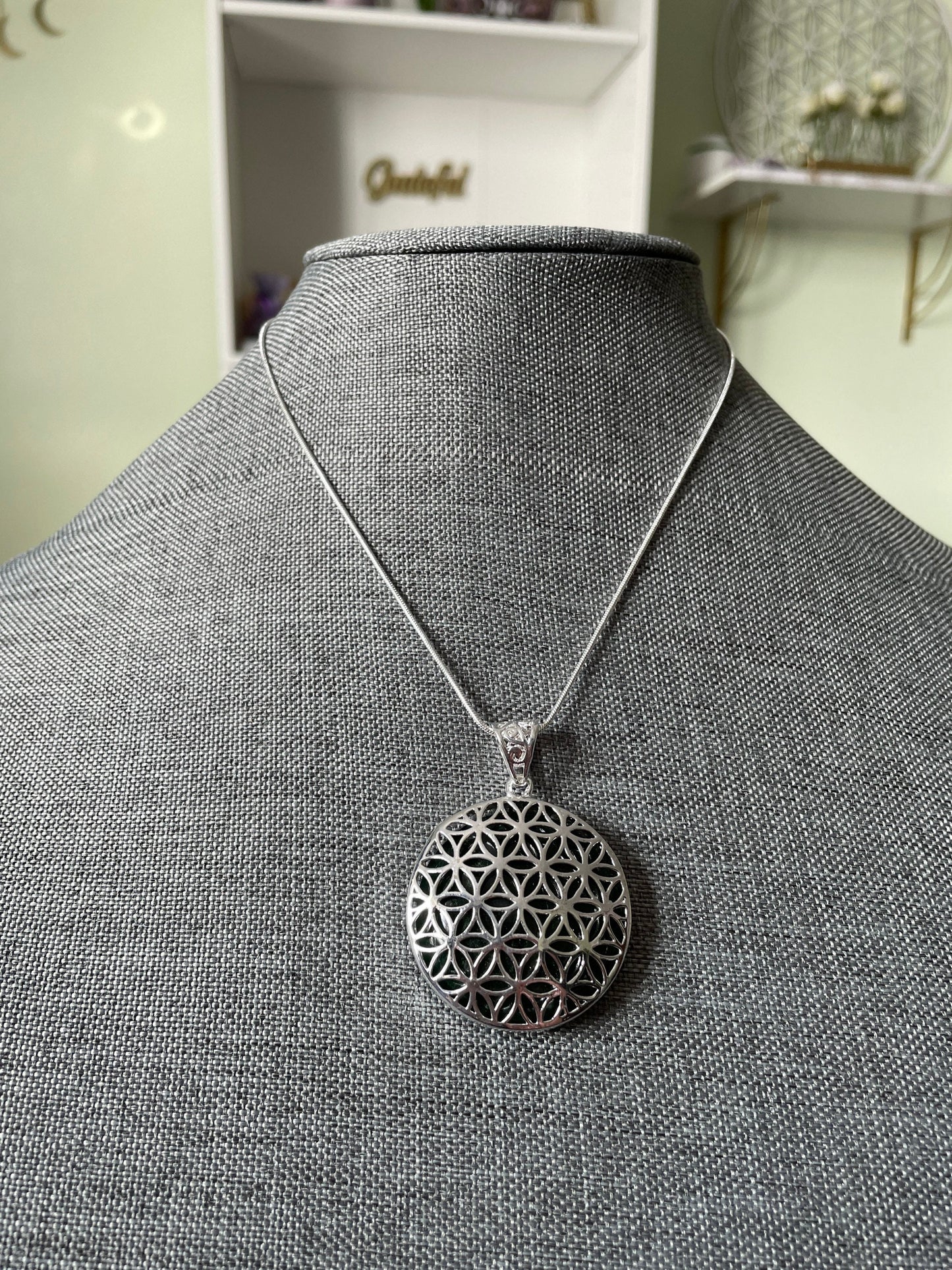 Beautiful Silver round Flower of Life Aventurine crystal necklace on 16+ inch silver plated chain