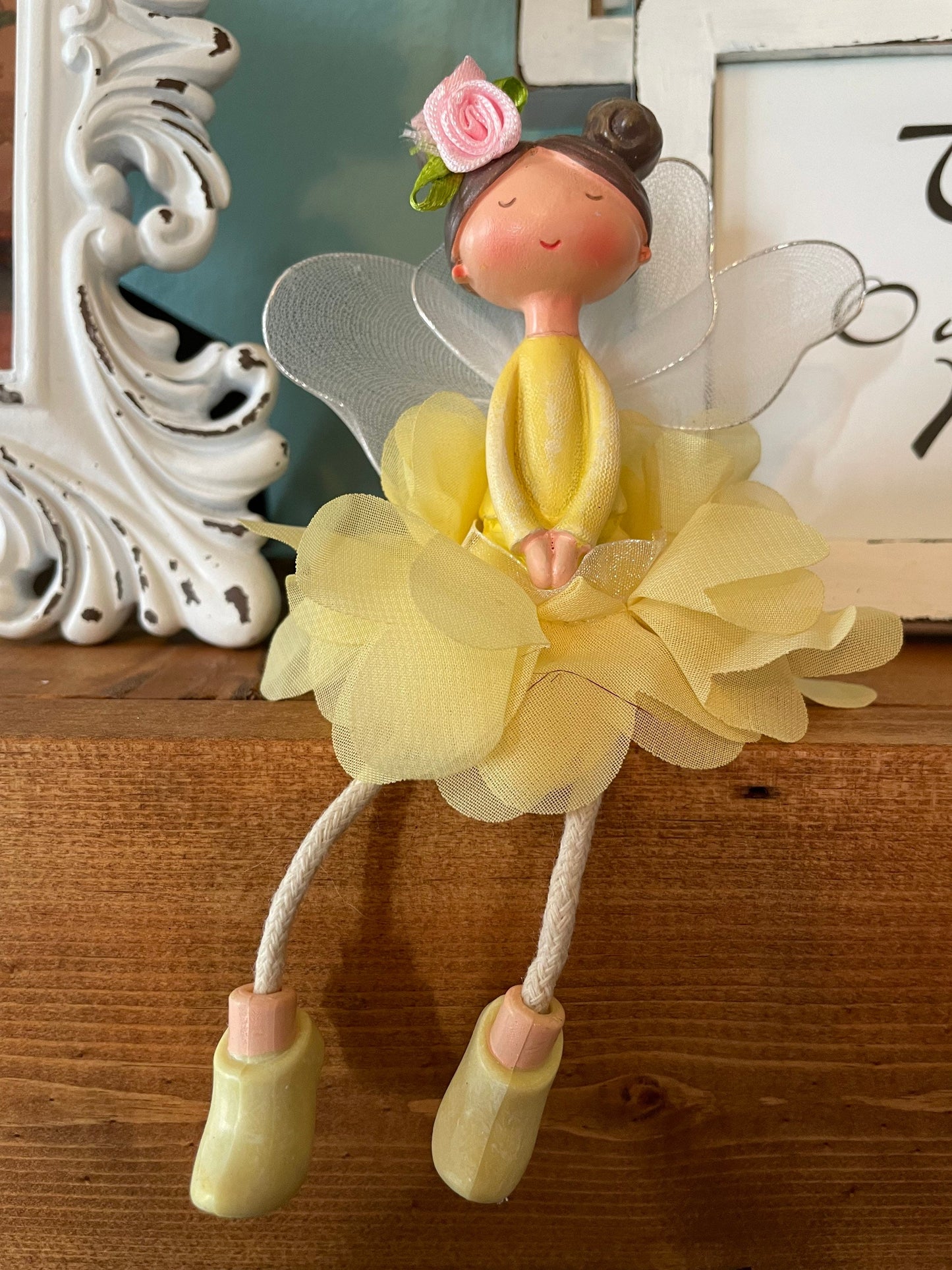 Sweet whimsical fairy wearing cut tutu Fairy shelf sitter in four colors