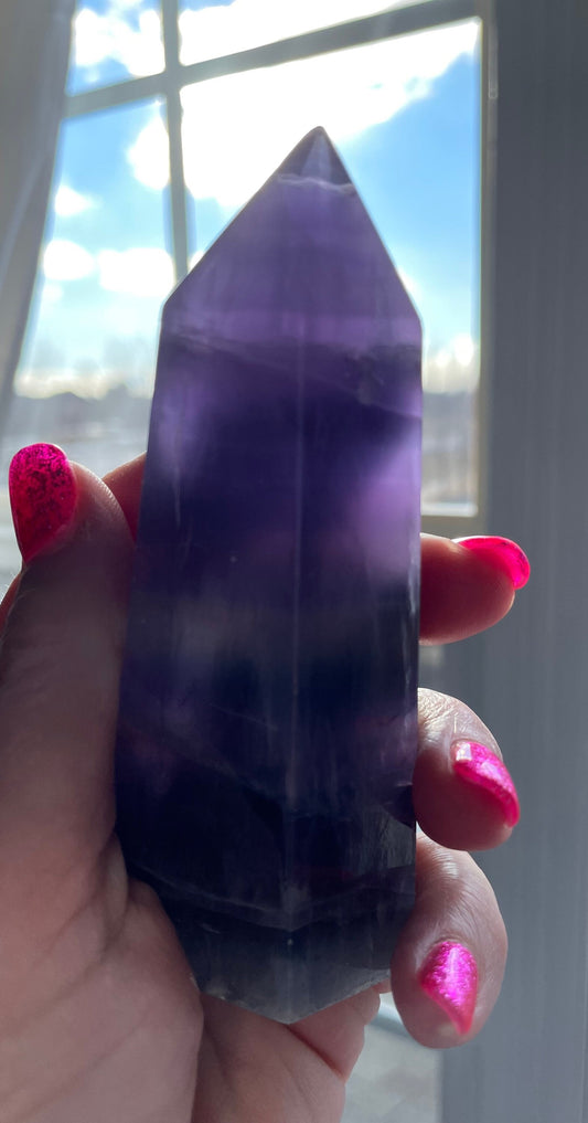 9.2 ounce Rainbow Fluorite point obelisk