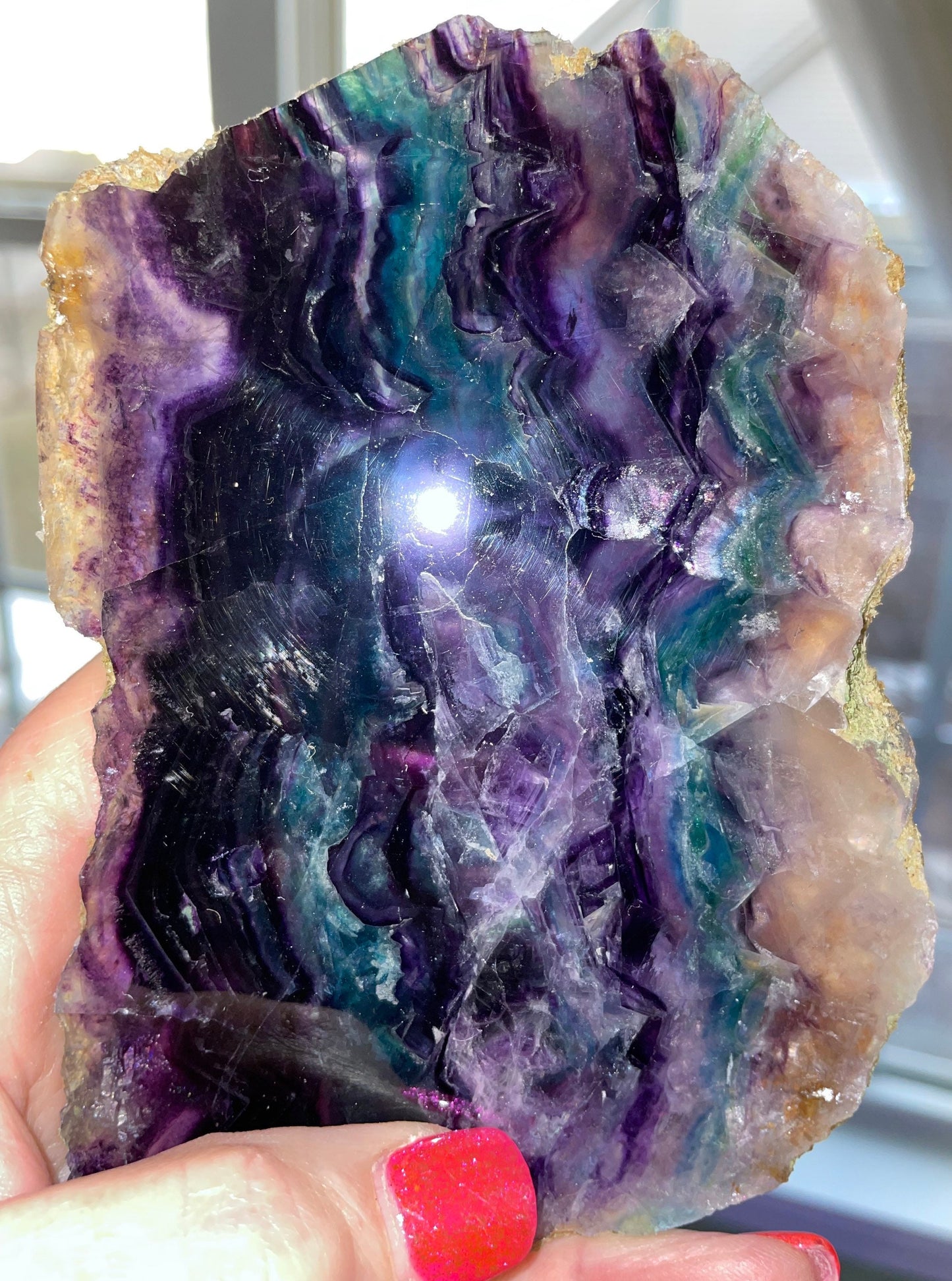 Rainbow fluorite slabs beautiful green and purple