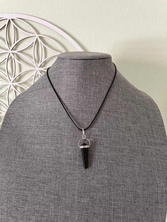 Super sharp looking black obsidian point necklace on black cord