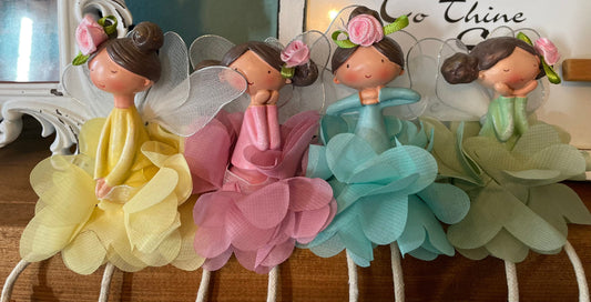 Sweet whimsical fairy wearing cut tutu Fairy shelf sitter in four colors
